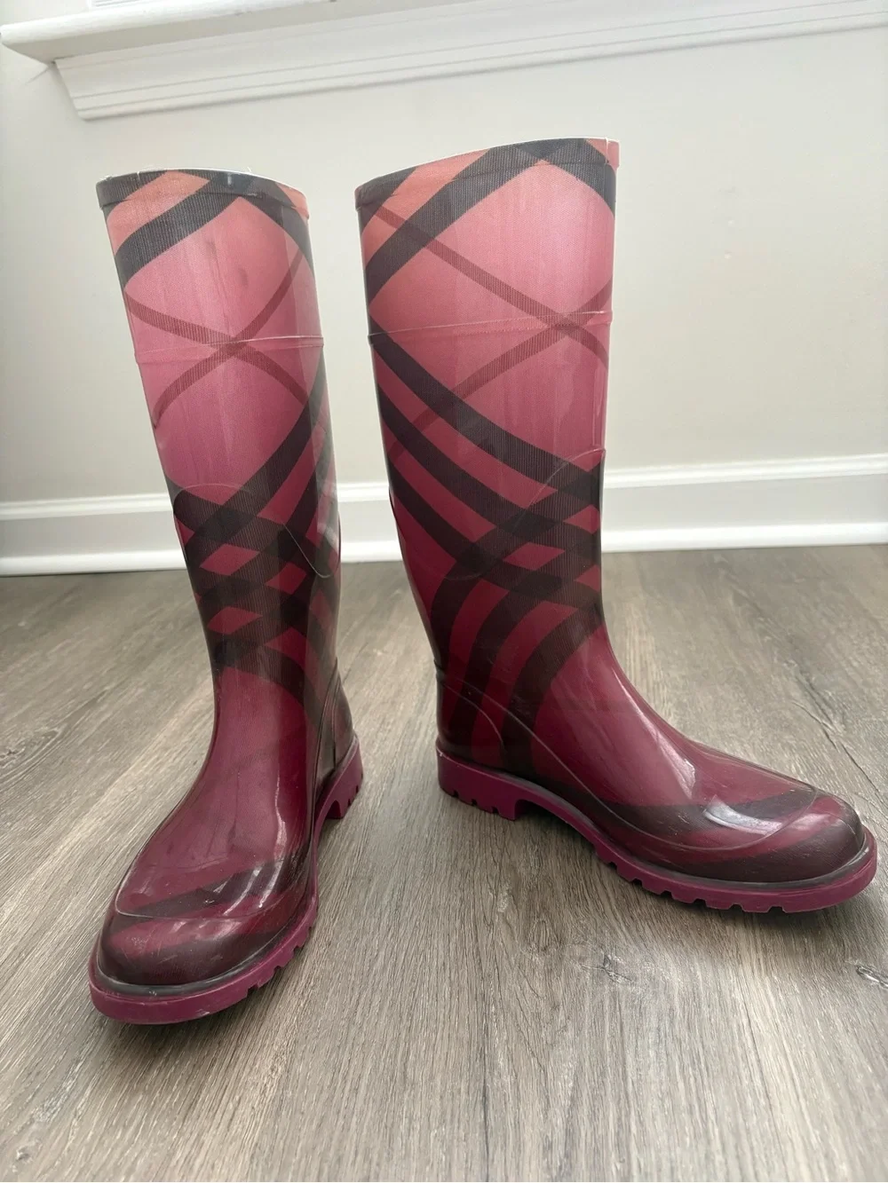 Burberry Pink and Black Patterned Tall Rain Boots